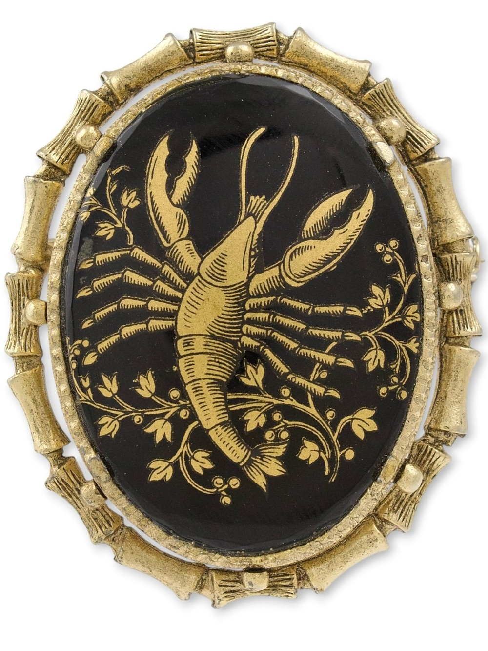 Vintage Cancer Zodiac Brooch Black Glass Cabochon Gold Tone Mid-Century